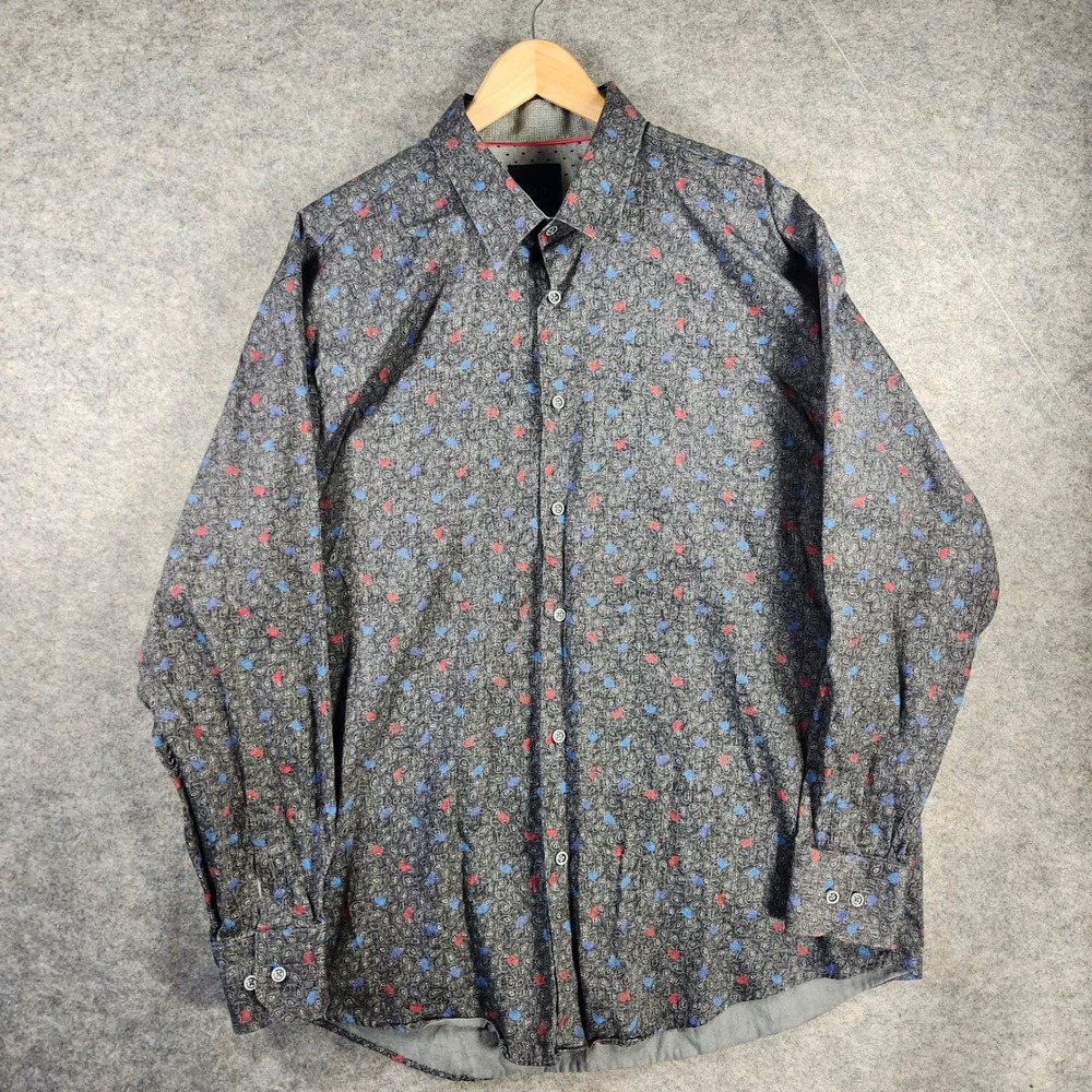 Mizumi Collezione Button Up Men XL Gray Paisley Long Sleeve Cotton Shirt Faded